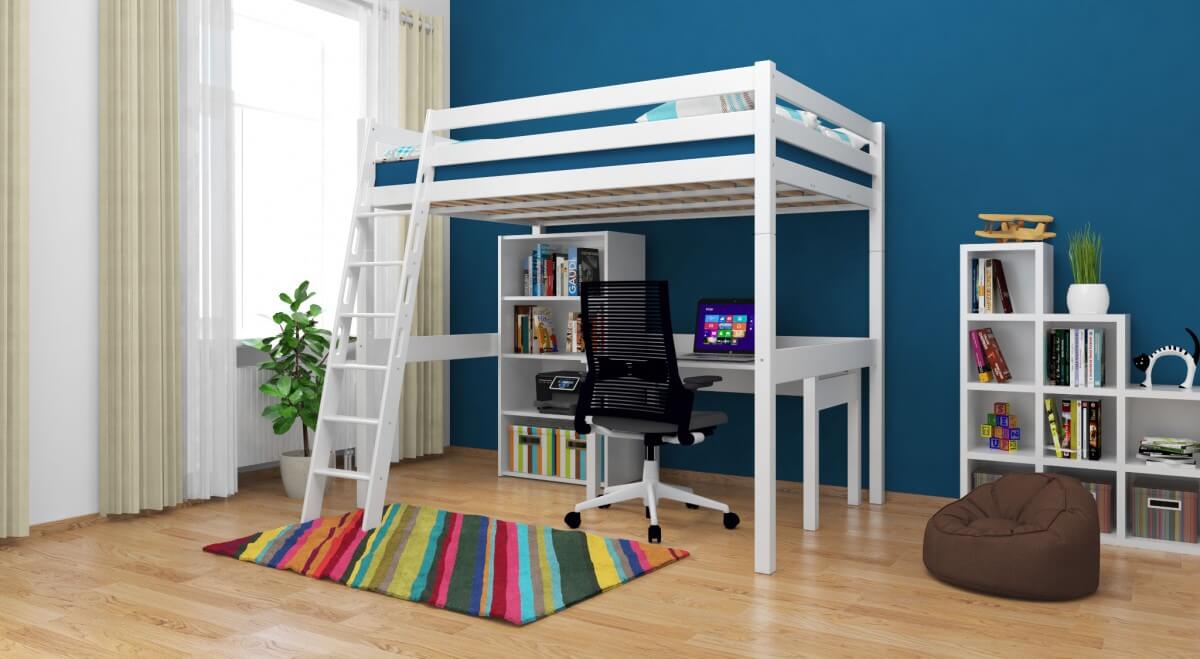 Hochbett CHRISTIAN Weiß lackiert 140x200 – Jugendzimmer mit Teppich