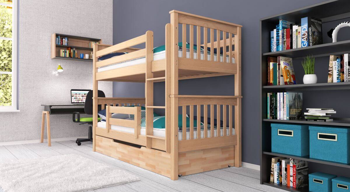 Etagenbett / Stockbett SVEN inkl. Bettkasten und Rausfallschutz. Natur lackiert - Buche Massiv Vollholz 