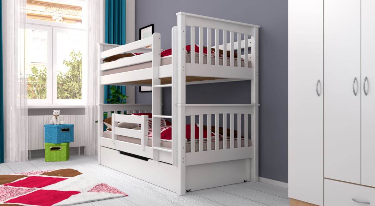 Etagenbett / Stockbett SVEN inkl. Bettkasten und Rausfallschutz. Buche Massiv Vollholz 